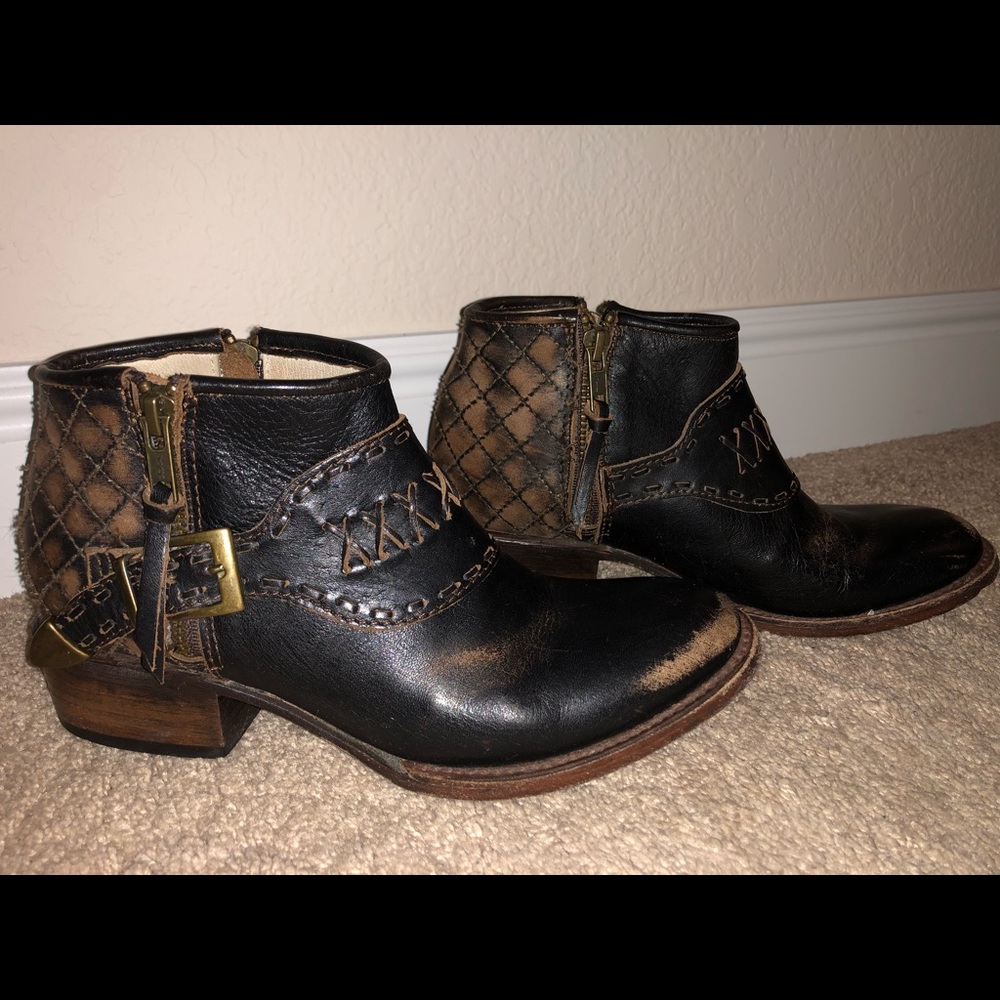 Women's Black Leather Ankle Booties with Distressed Accent